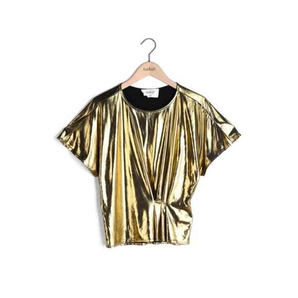 ba&sh Paris Gold Metallic Knot Front Belen Short Sleeve Blouse (only) Small - Picture 1 of 8